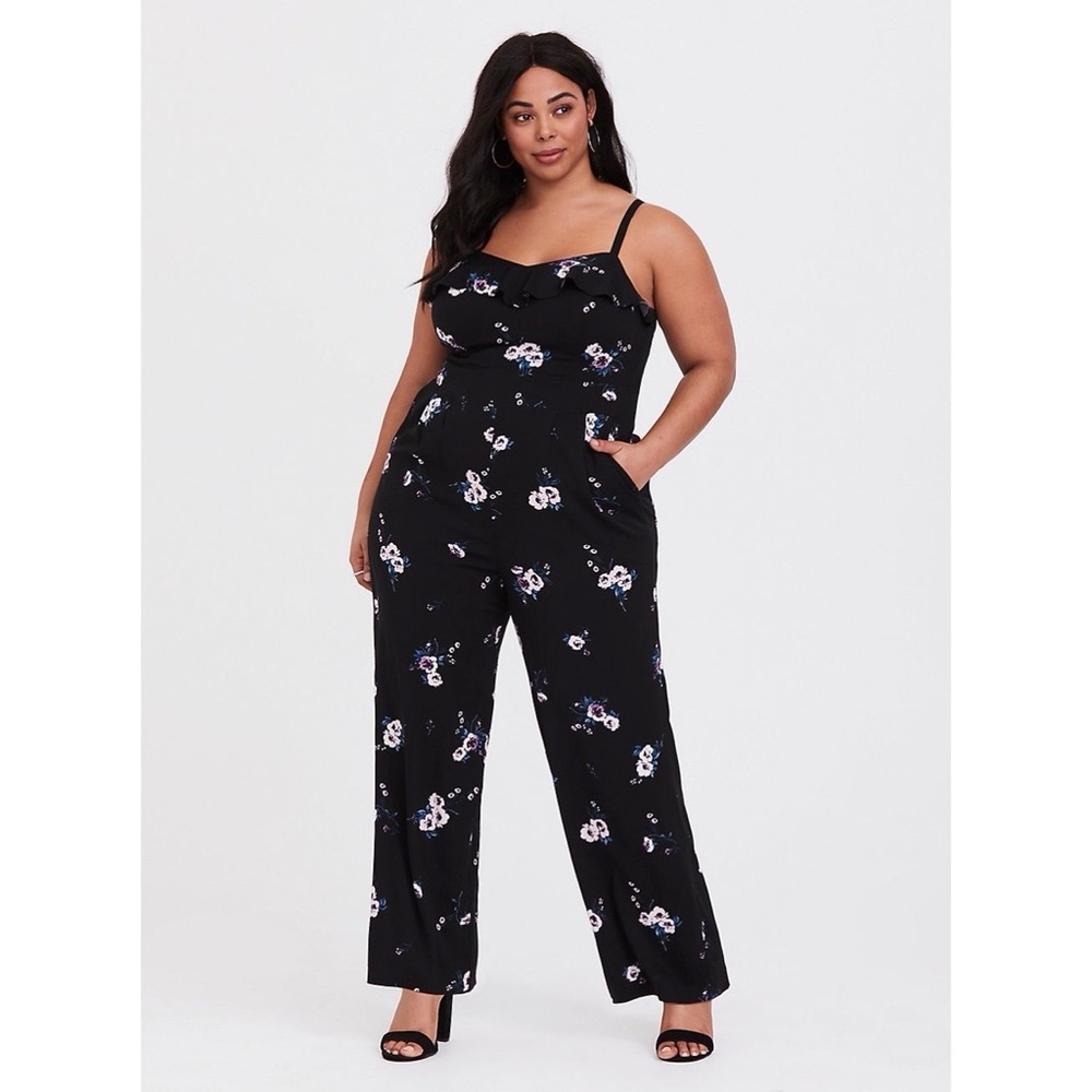 Torrid Black Floral Sleeveless V Neck Wide Leg Jumpsuit Women’s Size Large